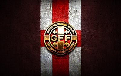 Georgian Jalkapallomaajoukkue, kultainen logo, Euroopassa, UEFA, punainen metalli tausta, Georgian jalkapallomaajoukkue, jalkapallo, GFF-logo, Georgia