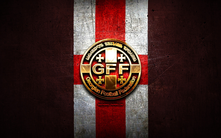 Georgia Squadra Nazionale di Calcio, logo dorato, Europa, la UEFA, rosso, metallo, sfondo, georgiano squadra di calcio, il calcio, il GFF, logo, calcio, Georgia