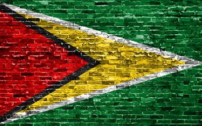 4k, Guiana bandeira, tijolos de textura, Am&#233;rica Do Sul, s&#237;mbolos nacionais, Bandeira da Guiana, brickwall, Guiana 3D bandeira, Pa&#237;ses da Am&#233;rica do sul, Guiana