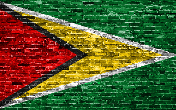 4k, Guyana flagga, tegel konsistens, Sydamerika, nationella symboler, Flagga Guyana, brickwall, Guyana 3D-flagga, Sydamerikanska l&#228;nder, Guyana