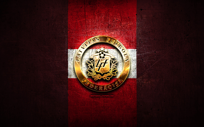 Latvia National Football Team, golden logo, Europe, UEFA, red metal background, Latvian football team, soccer, LFF logo, football, Latvia