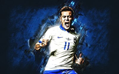 philippe coutinho, portr&#228;t, brasilien nationalmannschaft, brasilianische fu&#223;ball-spieler, blue-kreativen hintergrund, brasilien, coutinho