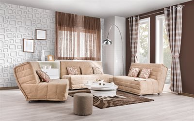 brown sala de estar, 4k, marr&#243;n-blanco interior, de dise&#241;o moderno, paredes de color blanco, marr&#243;n sof&#225;s, mesa de caf&#233; elegante