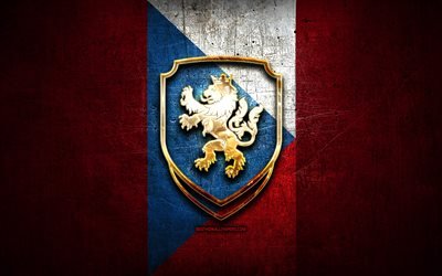 Tšekin Tasavallan Jalkapallomaajoukkue, kultainen logo, Euroopassa, UEFA, punainen metalli tausta, Tšekin jalkapallojoukkue, jalkapallo, FACR logo, Tšekin Tasavalta