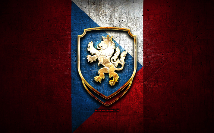 Repubblica ceca, Squadra Nazionale di Calcio, logo dorato, Europa, la UEFA, rosso, metallo, sfondo, ceca, squadra di calcio, calcetto, FACR logo, calcio