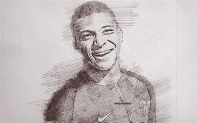 Kylian Mbappe, portrait, PSG, dessin au crayon, fran&#231;ais, joueur de football, le Paris Saint-Germain, France, Ligue 1, football