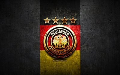 Germany National Football Team, golden logo, Europe, UEFA, gray metal background, German football team, soccer, DFB logo, football, Germany