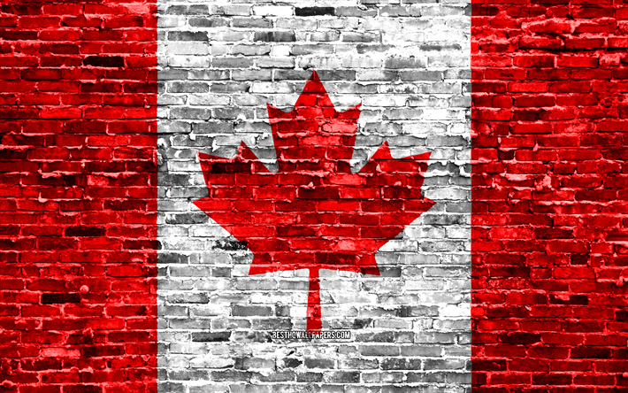4k, kanadische flagge, ziegel-textur, nordamerika, nationale symbole, flagge von kanada, brickwall, kanada, 3d, flagge