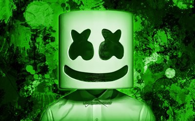 DJ Marshmello, yeşil boya sı&#231;raması, fan sanat, superstars, Christopher Comstock, american DJ, m&#252;zik yıldızları, Marshmello, yeşil grunge arka plan, DJ&#39;ler
