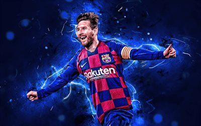 Lionel Messi, 2019, new uniform, Barcelona FC, argentinian footballers, FCB, football stars, La Liga, Messi, Leo Messi, neon lights, LaLiga, Spain, Barca, soccer