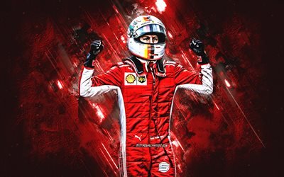Sebastian Vettel, tysk racerf&#246;rare, F1-F&#246;rare, Scuderia Ferrari, portr&#228;tt, r&#246;da sten bakgrund, Formel 1, &#229;kare