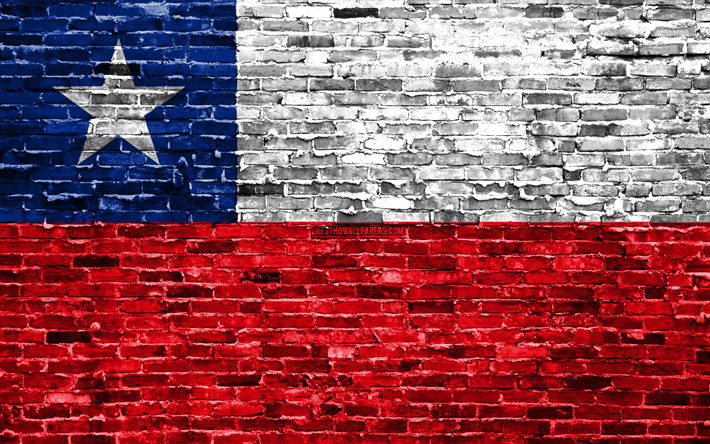 4k, Şili bayrağı, tuğla doku, Şili, G&#252;ney Amerika, ulusal semboller, Bayrak, brickwall, Şili 3D bayrak, G&#252;ney Amerika &#252;lkeleri