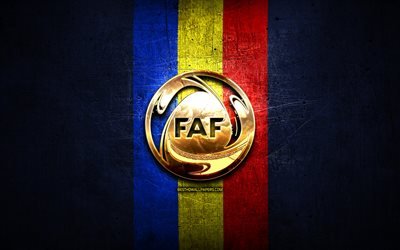 Andorra National Football Team, golden logo, Europe, UEFA, blue metal background, Andorran football team, soccer, FAF logo, football, Andorra