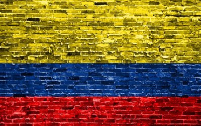 4k, Kolombiya bayrağı, tuğla doku, Kolombiya, G&#252;ney Amerika, ulusal semboller, Bayrak, brickwall, Kolombiya 3D bayrak, G&#252;ney Amerika &#252;lkeleri