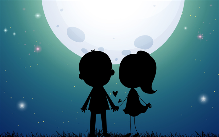 Lovers Silhouette, night, moon, couple, Silhouette of Lovers, couple of lovers