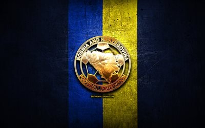 Bosnien och Hercegovina landslaget, golden logotyp, Europa, UEFA, bl&#229; metall bakgrund, Bosnien och Hercegovina fotboll, fotboll, FABH logotyp, Bosnien och Hercegovina