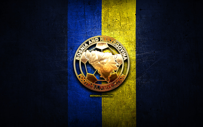 Bosnia and Herzegovina National Football Team, golden logo, Europe, UEFA, blue metal background, Bosnia and Herzegovina football team, soccer, FABH logo, football, Bosnia and Herzegovina