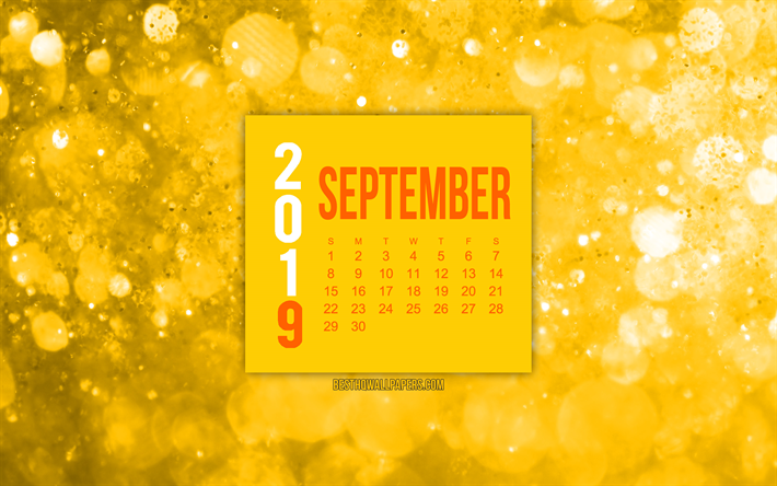 2019 Calendrier septembre, jaune fond abstrait, septembre 2019 calendrier, art cr&#233;atif, 2019 calendriers
