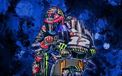 Maverick Vinales, pingos de tinta azul, MotoGP, 2019 motos, A Yamaha YZR-M1, grunge arte, bicicletas de corrida, Monster Energy Yamaha No MotoGP, Yamaha, Maverick Vinales Ruiz