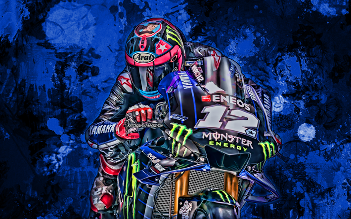 Maverick Vinales, blue paint splashes, MotoGP, 2019 bikes, Yamaha YZR-M1, grunge art, racing bikes, Monster Energy Yamaha MotoGP, Yamaha, Maverick Vinales Ruiz