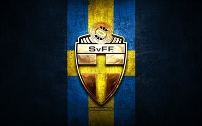 Sweden National Football Team, golden logo, Europe, UEFA, blue metal background, Swedish football team, soccer, SvFF logo, football, Sweden