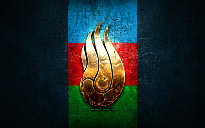 Azerbaidžanin Kansallisten Jalkapalloliittojen Joukkue, kultainen logo, Euroopassa, UEFA, sininen metalli tausta, Azerbaidžanin jalkapallo joukkue, jalkapallo, Affa: ssa logo, Azerbaidžan