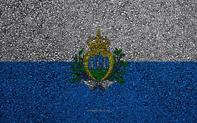 Flag of San Marino, asphalt texture, flag on asphalt, San Marino flag, Europe, San Marino, flags of european countries