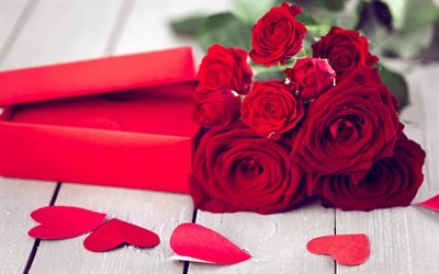 des roses rouges, coeurs rouges, bouquet de roses, de fleurs rouge, saint Valentin, le 14 f&#233;vrier, les roses
