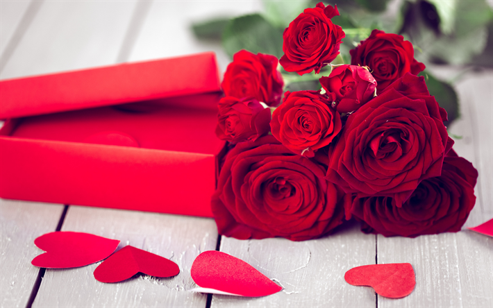 punaisia ruusuja, punainen syd&#228;met, kimppu ruusuja, punaiset kukat, Yst&#228;v&#228;np&#228;iv&#228;, 14 helmikuuta, ruusut