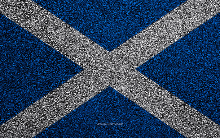Flag of Scotland, asphalt texture, flag on asphalt, Scotland flag, Europe, Scotland, flags of european countries