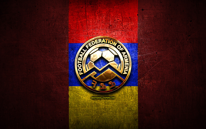 Armenia National Football Team, golden logo, Europe, UEFA, red metal background, Armenian football team, soccer, FFA logo, football, Armenia