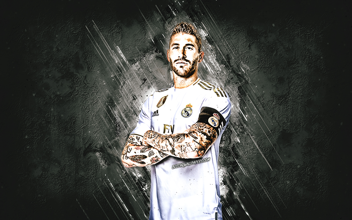 Sergio Ramos, Real Madrid, Spanish footballer, defender, stone creative background, La Liga, Spain, football