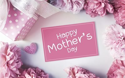 Happy Mothers Day, 4k, pink flowers, gift box, Mothers Day, creative, Mothers Day Concept