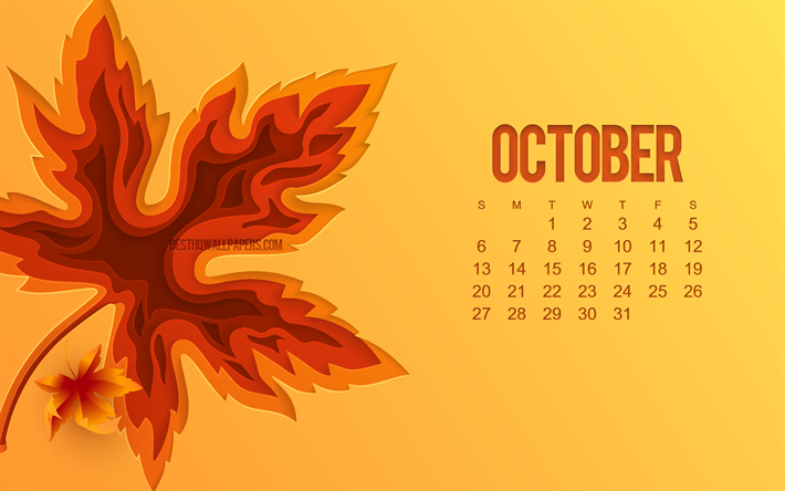 2019 oktober kalender, orange, hintergrund, herbst konzepte-kalender f&#252;r oktober 2019, 3d herbst-blatt, oktober 2019 kalender