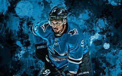 Evander Kane, blu schizzi di vernice, San Jose Sharks, NHL, hockey stelle, Kane Squali, hockey, grunge, arte, USA, giocatori di hockey