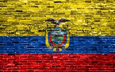 4k, Ecuadorian flag, bricks texture, South America, national symbols, Flag of Ecuador, brickwall, Ecuador 3D flag, South American countries, Ecuador