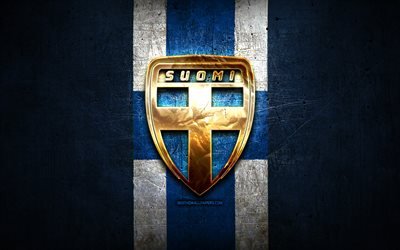 Finland National Football Team, golden logo, Europe, UEFA, blue metal background, Finnish football team, soccer, SUOMI logo, football, Finland