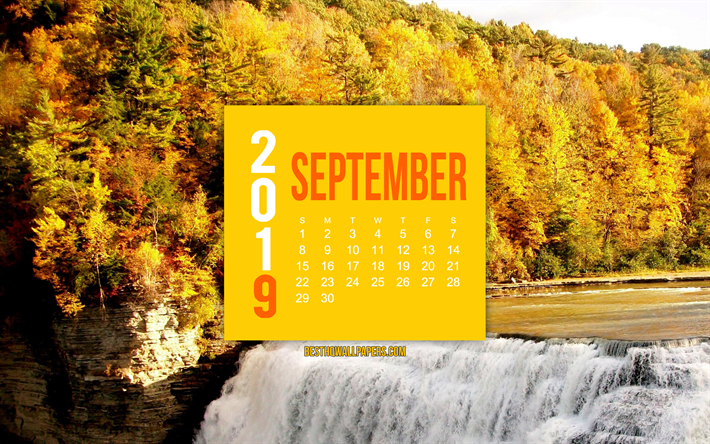 2019 September Calendar, mountain river, autumn landscape, yellow paper element, 2019 Calendars, September