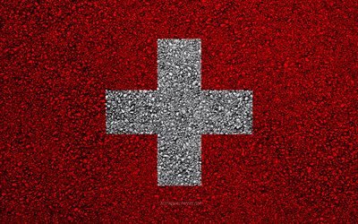 Flag of Switzerland, asphalt texture, flag on asphalt, Switzerland flag, Europe, Switzerland, flags of european countries