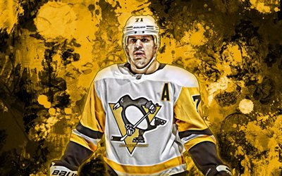 Evgeni Malkin, amarelo pingos de tinta, Pittsburgh Penguins, NHL, jogadores de h&#243;quei, estrelas do h&#243;quei no gelo, Geno, h&#243;quei, grunge arte