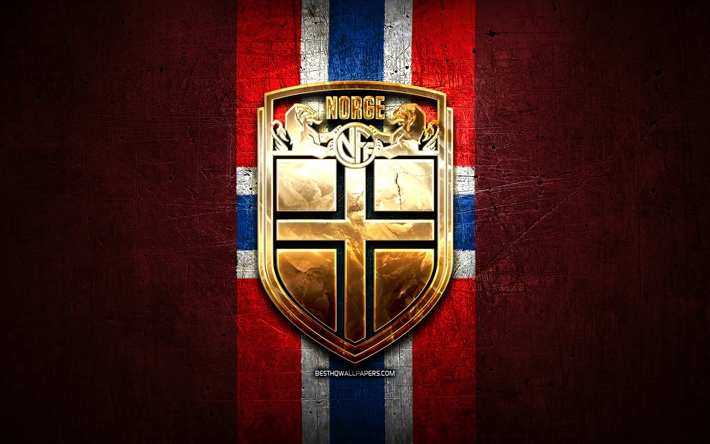 Norjan Jalkapallomaajoukkue, kultainen logo, Euroopassa, UEFA, punainen metalli tausta, Norjan jalkapallo joukkue, jalkapallo, NFF-logo, Norja