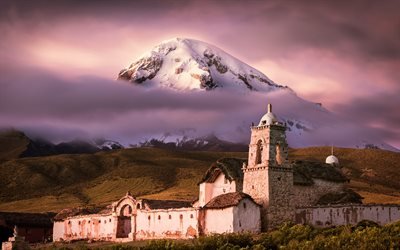 نيفادو Sajama, Tomarapi, الكنيسة, Sajama بركان, مساء, المناظر الطبيعية الجبلية, معلم, بوليفيا