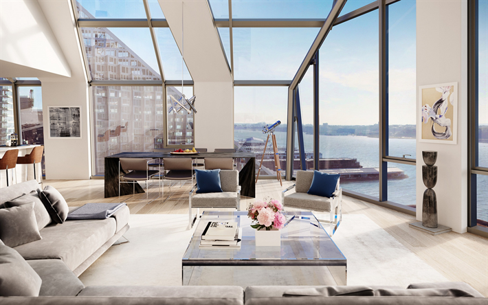 sala de estar, um design interior moderno, grandes janelas de vidro, criativo lustre feito de tubos de cromo, interior elegante