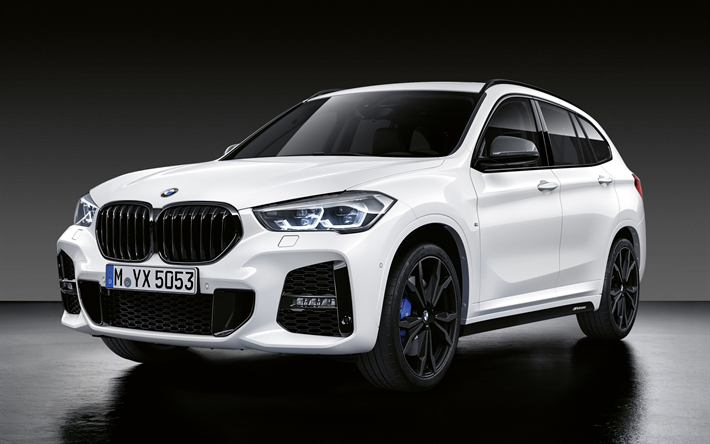 BMW X1, 2019, F48, M Performance Parts, exterior, white crossover, new white X1, black wheels, German cars, BMW