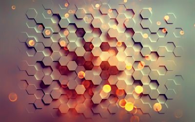 hexagones, 4k, 3D, art, gris hexagone, grille 3d, hexagone mod&#232;le, la g&#233;om&#233;trie, les hexagones de la texture, gris hexagones de la texture, les formes g&#233;om&#233;triques