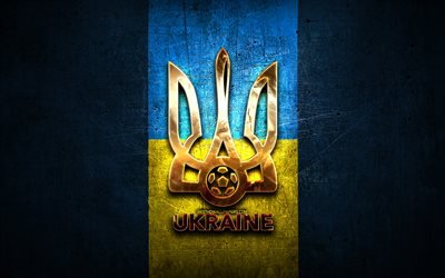 Ukraine National Football Team, golden logo, Europe, UEFA, green metal background, Ukrainian football team, soccer, FFU logo, football, Ukraine