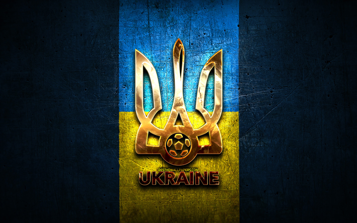 Ucraina Squadra Nazionale di Calcio, logo dorato, Europa, la UEFA, verde, metallo, sfondo, ucraino squadra di calcio, calcetto, FFU logo, calcio, Ucraina