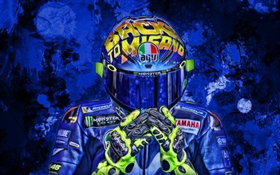 Valentino Rossi, blu schizzi di vernice, MotoGP, grunge, arte, bici da corsa, Monster Energy Yamaha MotoGP, Yamaha