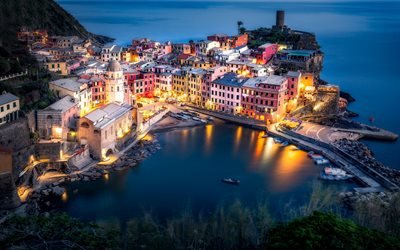 Vernazza, bay, illalla, sunset, kaunis kaupunki, Vernazza kaupunkikuvaan, V&#228;limerelle, Italia