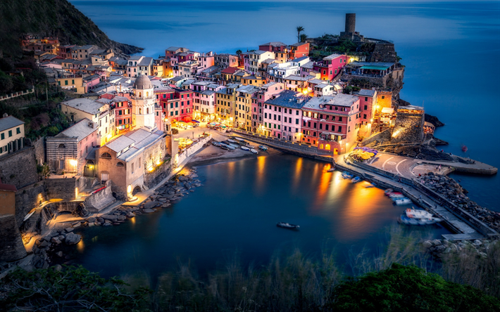 Vernazza, bay, illalla, sunset, kaunis kaupunki, Vernazza kaupunkikuvaan, V&#228;limerelle, Italia